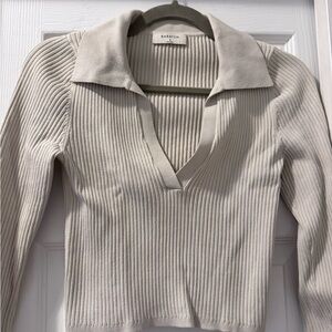 Babaton Beige V-Neck Ribbed Top